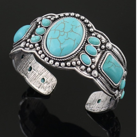 1 Pc Vintage Style Bohemian Natural Turquoise Open Bracelet - Picture 1 of 5